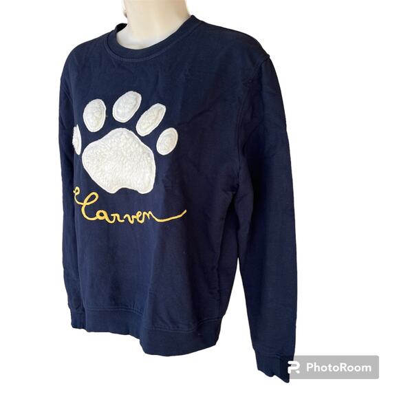 Carven Pullover Lightweight Sweatshirt Paw Print Sherpa Fleece Navy S Unisex - Picture 3 of 9